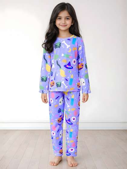 Anthrilo Purple Kids
                    Girls Halloween Long Sleeve Printed Cotton Night
                    Suit Pyjama Set
