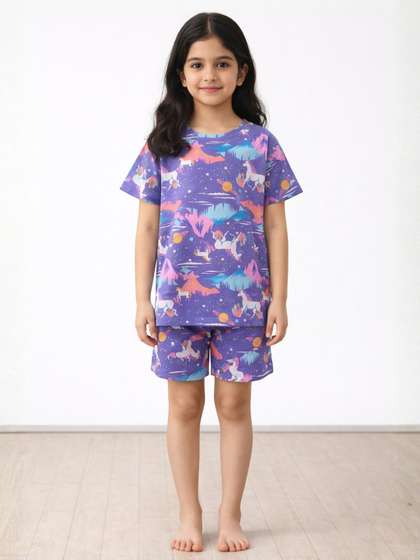 Anthrilo Kids Girls
                    Unicorn Print Round Neck Pure Cotton Night Suit Set