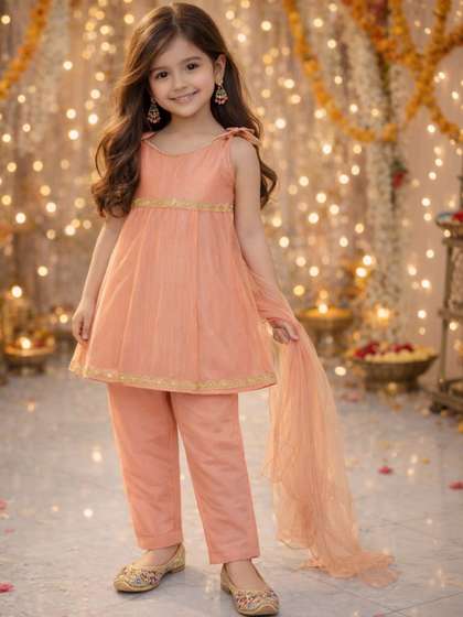 The Magic Wand Girls
                    Striped Kurti with Trousers & With Dupatta