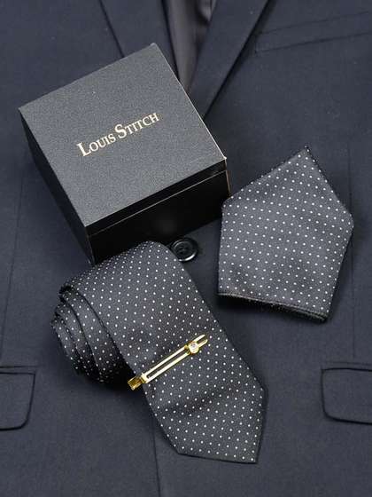 LOUIS STITCH Men Polka
                    Black Italian Silk Necktie Accessory Gift Set