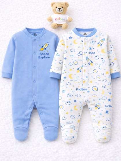 KidBee Pack of 2 Kid's
                    Printed Round Neck Long Sleeve Rompers