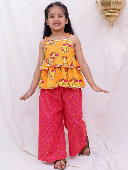 BownBee Girls Ethnic
                    Motifs Printed Tiered Pure Cotton Top with Palazzos