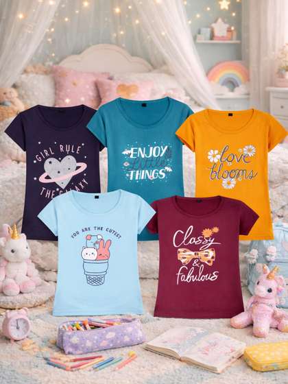 FAZZA Girls Pack Of 5
                    Printed Cotton Casual T-shirts