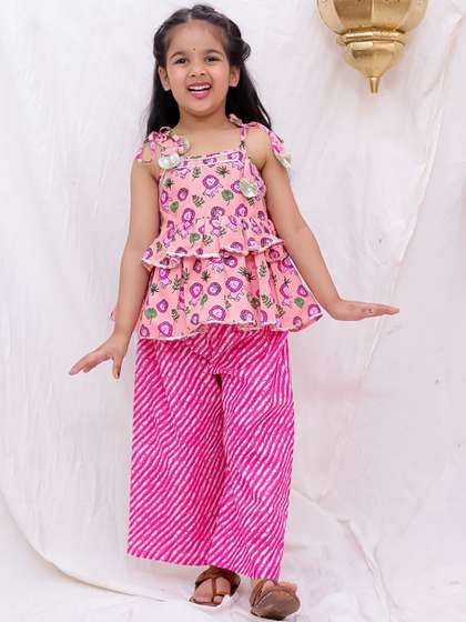 BownBee Girls Animal
                    Printed Tiered Pure Cotton Top with Palazzos