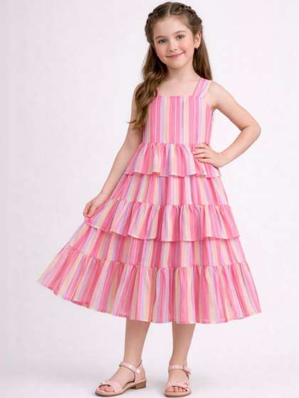 YK Girls Striped Tiered
                    Fit & Flare Dress
