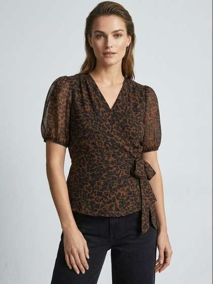 ANVI Be Yourself
                          Animal Print Puff Sleeve Chiffon Wrap Top
