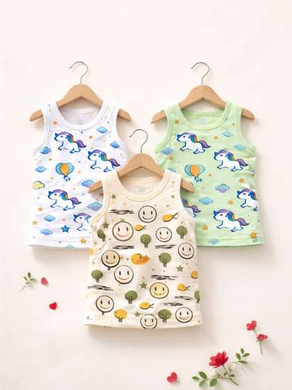 Sandoll Pack of 3
                    Printed Organic Cotton Tank Kids Vest set A1-White,
                    Light Green, Biege