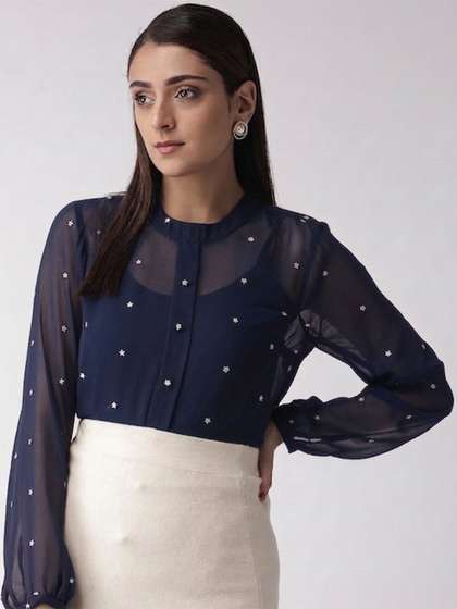 NEYSA Mandarin
                        Collar Sheer Georgette Shirt Style Top