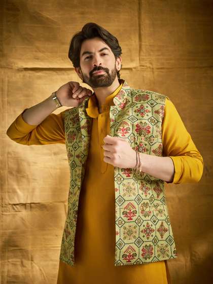 SOJANYA Men Olive
                        Green Ethnic Motifs Printed Nehru Jacket