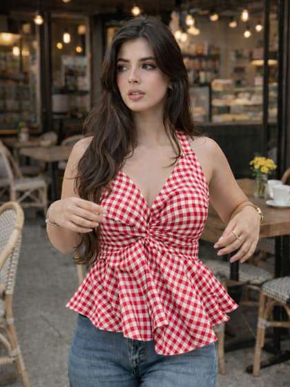 Femibazaar Women
                      Gingham Peplum Knot Peplum Tops