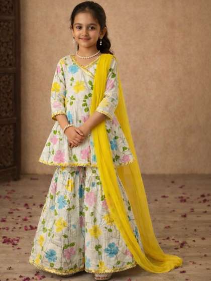 Sangria Girls Pure
                    Cotton V-Neck Kurta & Sharara With Dupatta