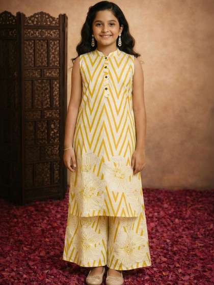 Sangria Girls Printed
                    Pure Cotton Mandarin Collar Kurta & Palazzos
                    With Dupatta