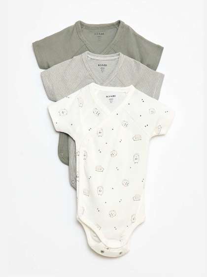KIABI Pack Of 3 Printed
                    Cotton Wrap-Over Neck Long Sleeves Bodysuit