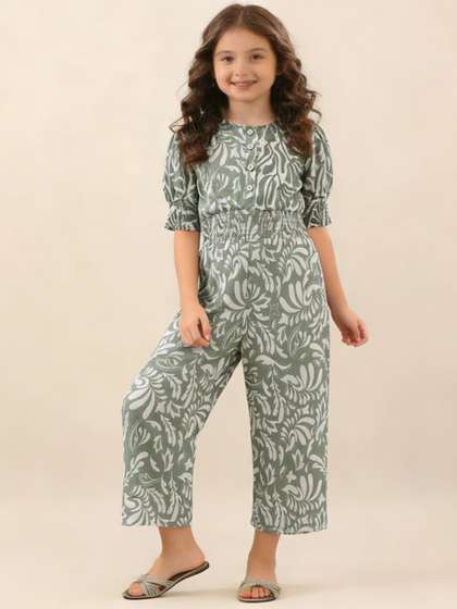 Purple United Kids Girls
                    Green Printed Cotton Rich Elasticated Waist Comfort
                    Fit Jumpsuit
