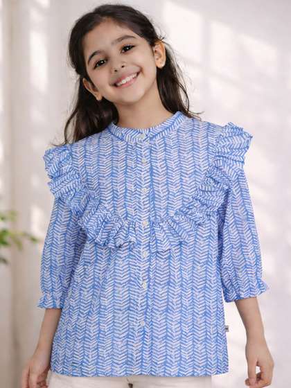 Purple United Kids Girls
                    Cold-Shoulder Style Printed Cotton Relaxed Fit
                    Vibrant Blue Top