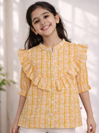 Purple United Kids Girls
                    Yellow Printed Cotton Cold Shoulder Style Relaxed
                    Comfort Fit Top