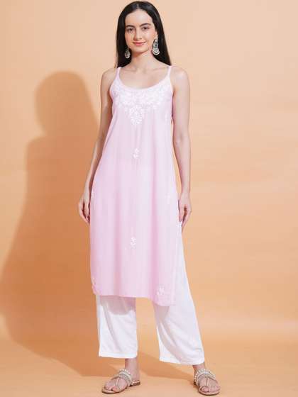 PAHNAZ Ethnic Motifs
                        Embroidered V-Neck Chikankari Chikankari Kurti