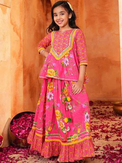 LIL PITAARA Girls
                          Printed Thread Work Ready to Wear Lehenga
                          &
