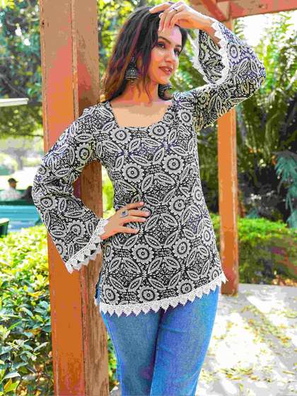SAK JAIPUR Ethnic
                        Motifs Printed Boat Neck Flared Sleeves Kurti