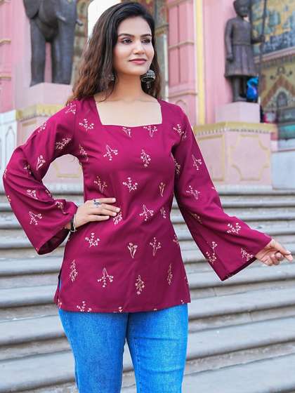 SAK JAIPUR
                          Botanical Printed Square Neck Flared Sleeves
                          Kurti