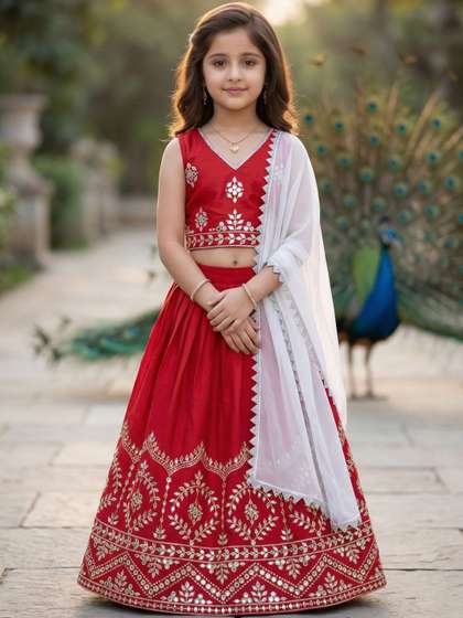 KALINI Girls Embellished
                    Mirror Work Ready to Wear Lehenga & Blouse With
                    Dupatta