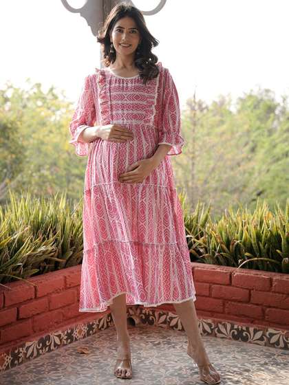 Aujjessa Print
                        Flared Sleeve Maternity Fit & Flare Midi
                        Dress