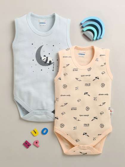 BUMZEE Pack of 2 Infants
                    Boys Printed Cotton Round Neck Bodysuit