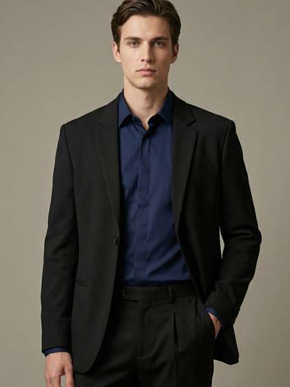 HE SPOKE Men Solid
                        Formal 4-Way Stretch Satin Finish Blazer