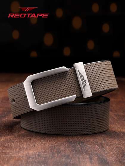 Red Tape Men Olive Green
                    Textured Leather Belt With Push Pin Buckle