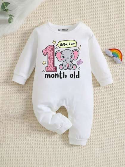 KNITROOT Infants White
                    Printed One Months Old Theme Cotton Romper