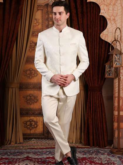 Dulha Ghar Self
                          Design Mandarin Collar 2 Piece Blazer and
                          Trousers Suits