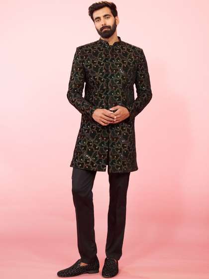 VASTRAMAY Men Green
                        Velvet Geometric Embroidered Indo-Western
                        Sherwani With Black Pant Set