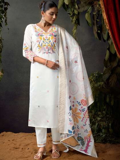 ASILYN Floral
                        Embroidered Regular Thread Work Pure Silk Kurta
                        with Trousers & With Dupatta