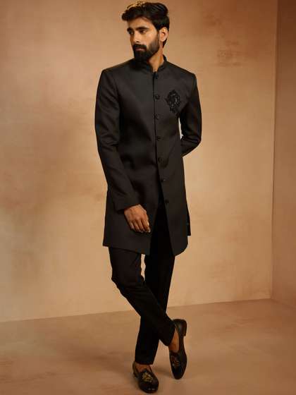 VASTRAMAY Men
                          Black Cutdana Sequin Embroidered Indo-Western
                          With Pant Style Pyjama Set