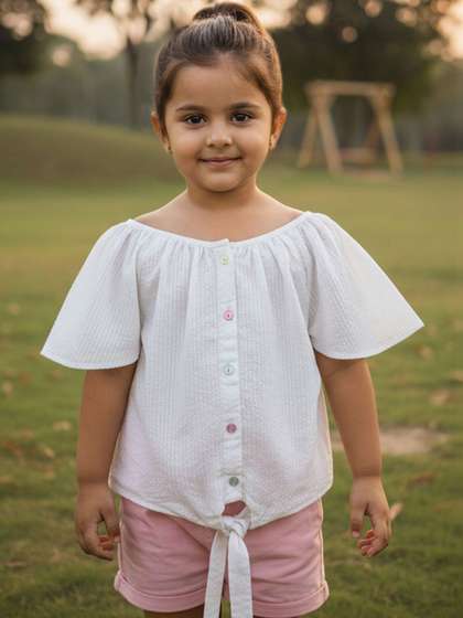Peach Girls Pure Cotton
                    Seer Sucker Half Sleeve Tie Up Top