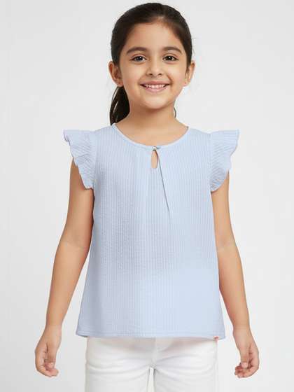 Peach Girls Pure Cotton
                    Seer Sucker Frill Sleeves Top