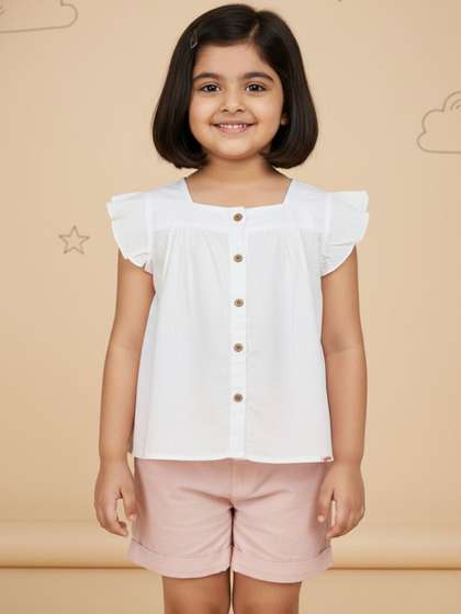 Peach Girls Pure Cotton
                    White Frill Sleeves Top
