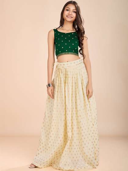 KALINI Girls Embroidered
                    Thread Work Foil Print Ready to Wear Lehenga &