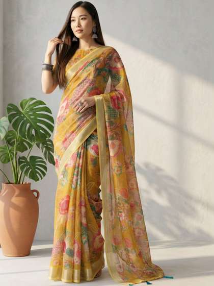 SHADOW &
                          SAINING Women Mustard Linen Cotton Digital
                          Printed Floral Sarees