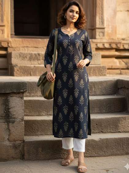Rajnandini Botanical
                        Printed V-Neck Pure Cotton Blend Kurti