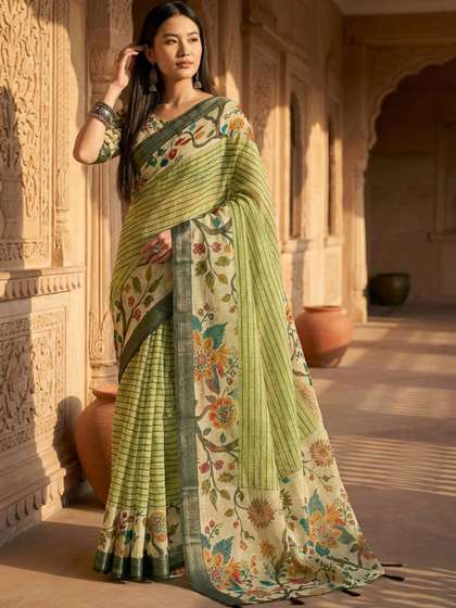 SHADOW & SAINING
                        Women Pista Green Linen Cotton Digital Printed
                        Floral Sarees