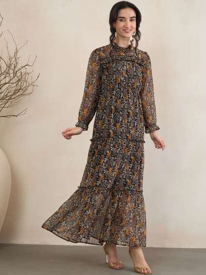 Fabway Clothing
                        Floral Print Ruffled Georgette Maxi Dress