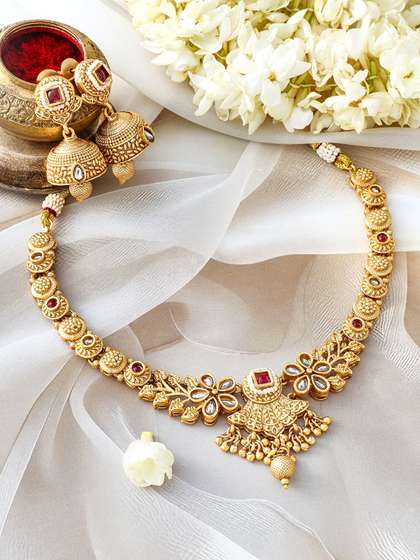 Rubans 24K
                          Gold-Plated Ruby & Kundan Studded Floral
                          Design Necklace Set with Jhumkas