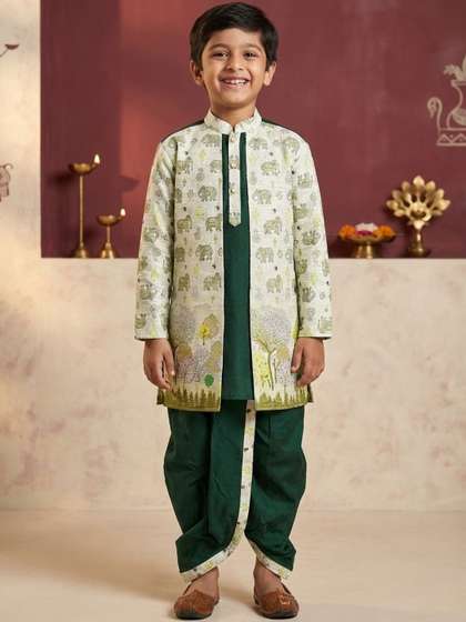 TAKE STYLE Boys Ethnic
                    Motifs Printed Layered Dupion Silk Kurta with Dhoti
                    Pants