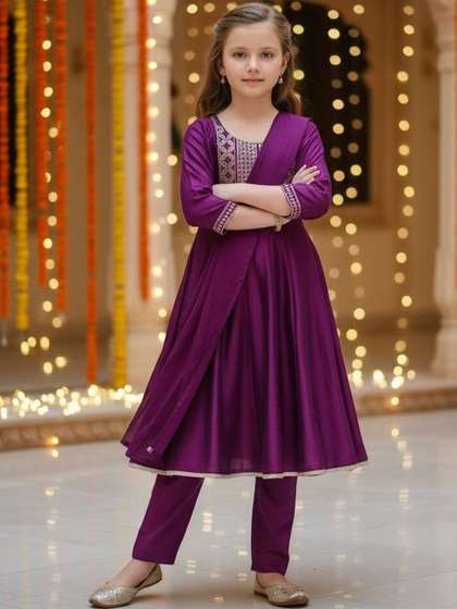 KALINI Girls Ethnic
                    Motifs Embroidered Angrakha Thread Work Kurta with
                    Trousers & Dupatta