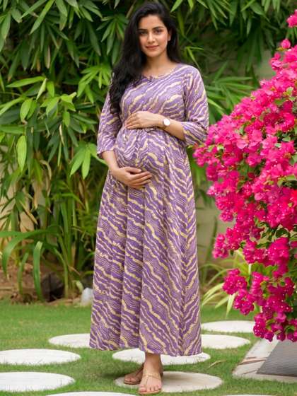 Asenne Abstract
                        Printed Soft Rayon Maternity A-Line Maxi Dress
                        With Both Side Feeding Zip