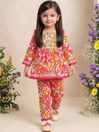 Readiprint Girls Floral
                    Printed Panelled Pure Cotton Kurta with Trousers
