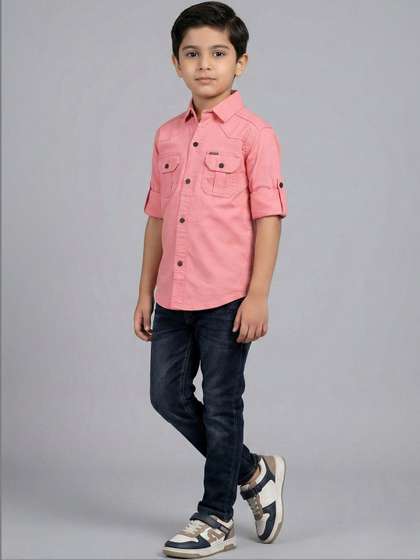 Havok kids Boys Pink
                    Solid Cotton Standard double pocket Party Shirt