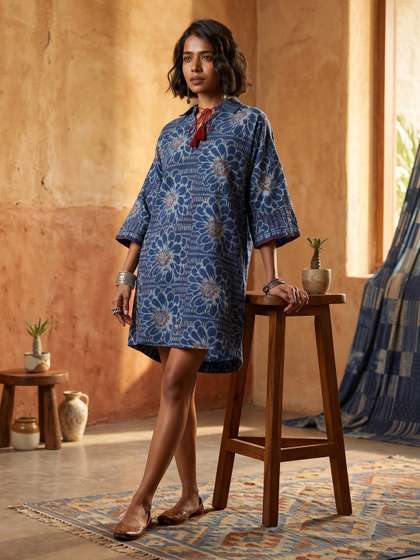 Taavi Floral Printed
                        A-Line Cotton Linen Dabu Ethnic Dress