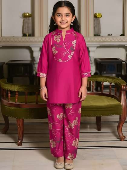 KALINI Girls Floral
                    Embroidered Regular Thread Work Pure Cotton Kurti
                    with Trousers